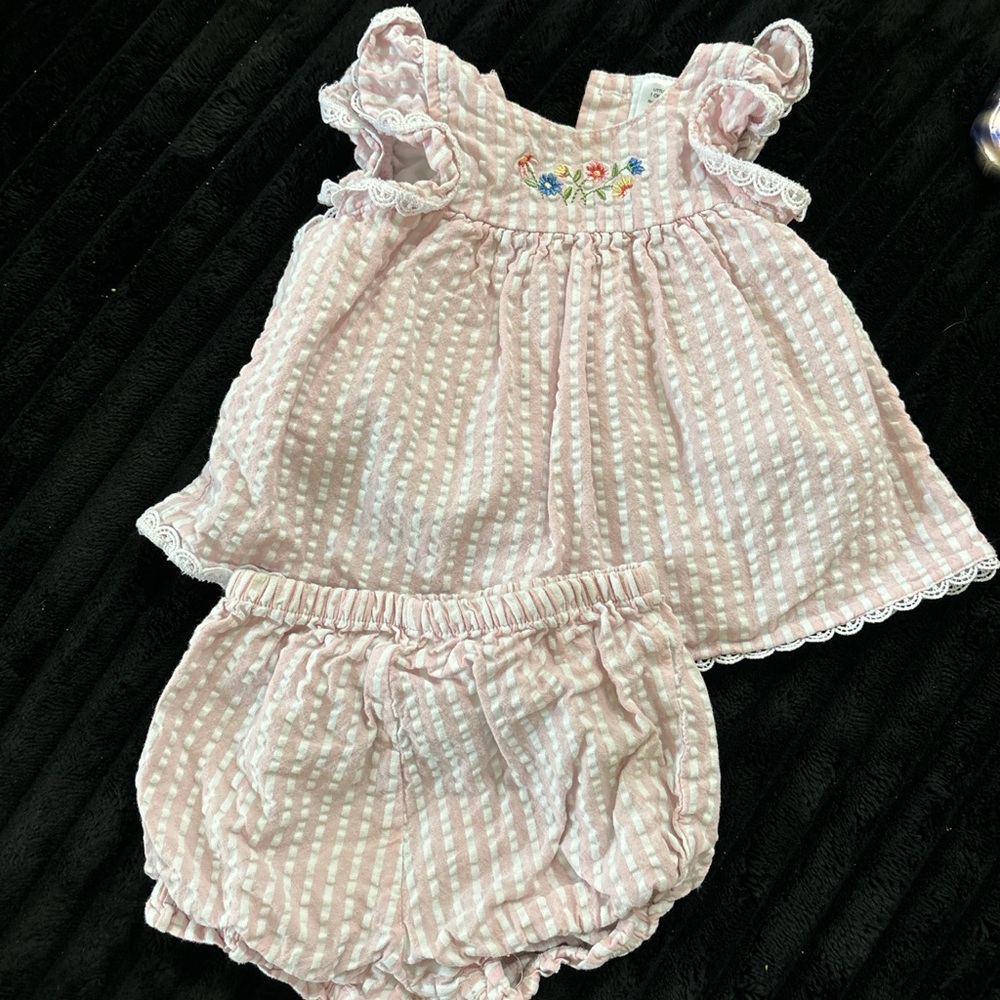 Baby Girls Pink Seersucker Dress & Bloomers Set